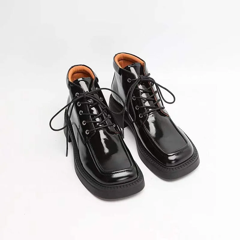 Oxfords Leather Martin Boots Women Leather Lace-Up Platform Ankle Booties in White/Black/Nude