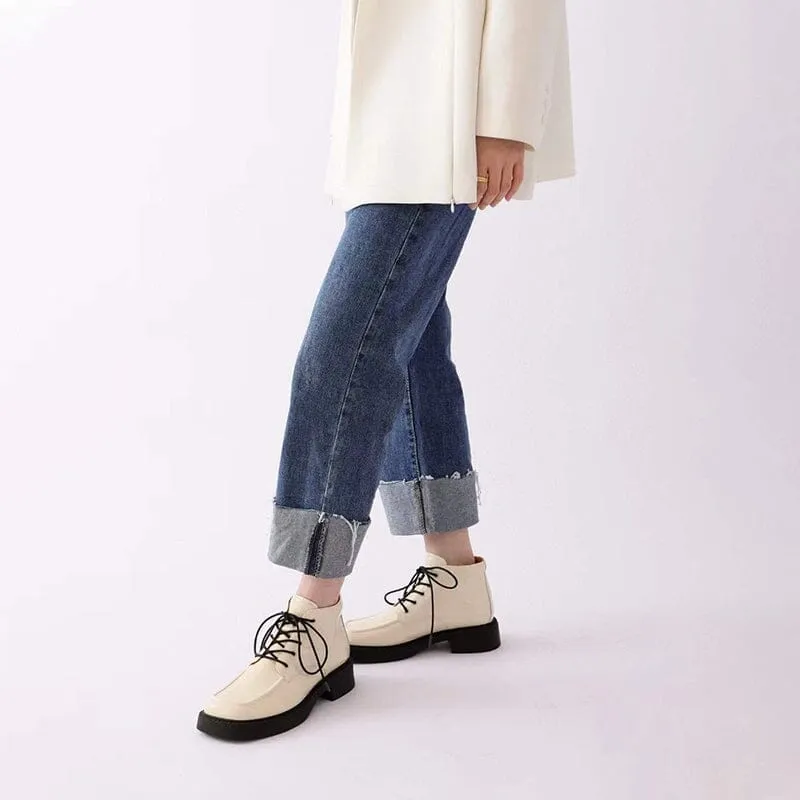 Leather Closed Laced Oxfords Martin Boots Women Leather Lace-Up Platform Ankle Booties in White/Black/Nude