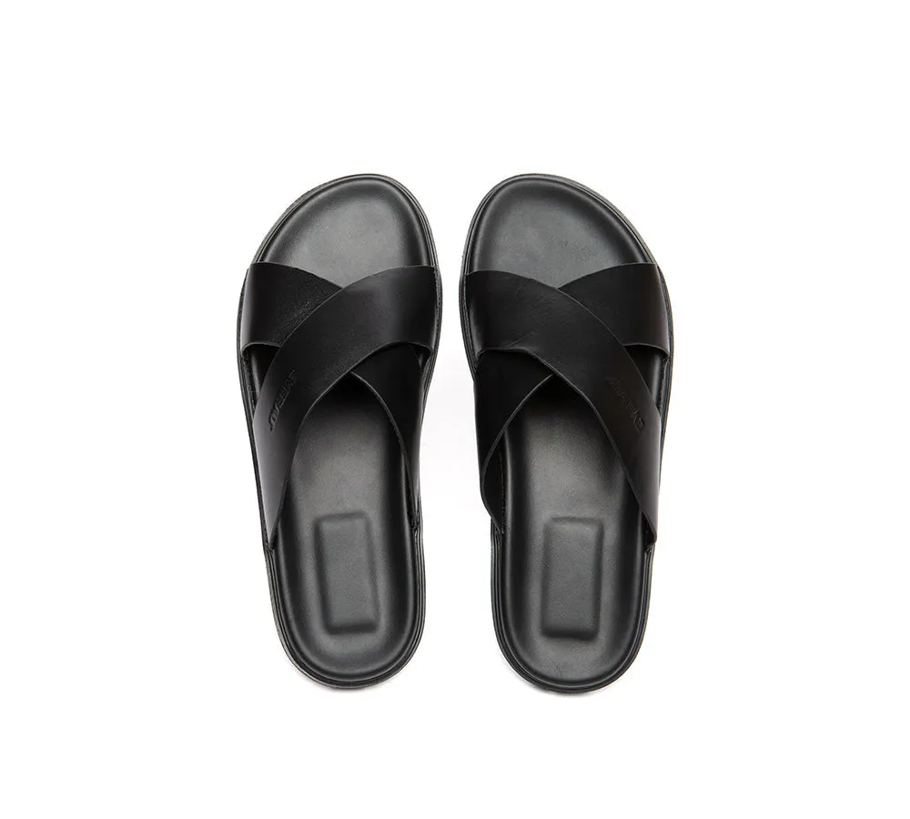Grandco Sandals Men Leather Crossover Slip-on Ultra Soft Summer Slides Wyatt