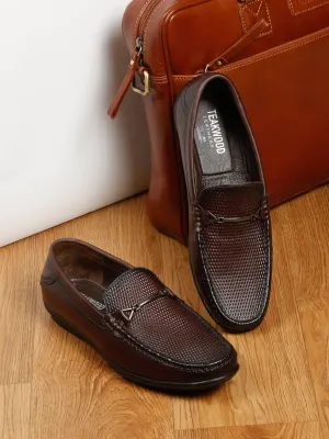 Men Textured Brown Leather Loafers shoes Heart Loafers