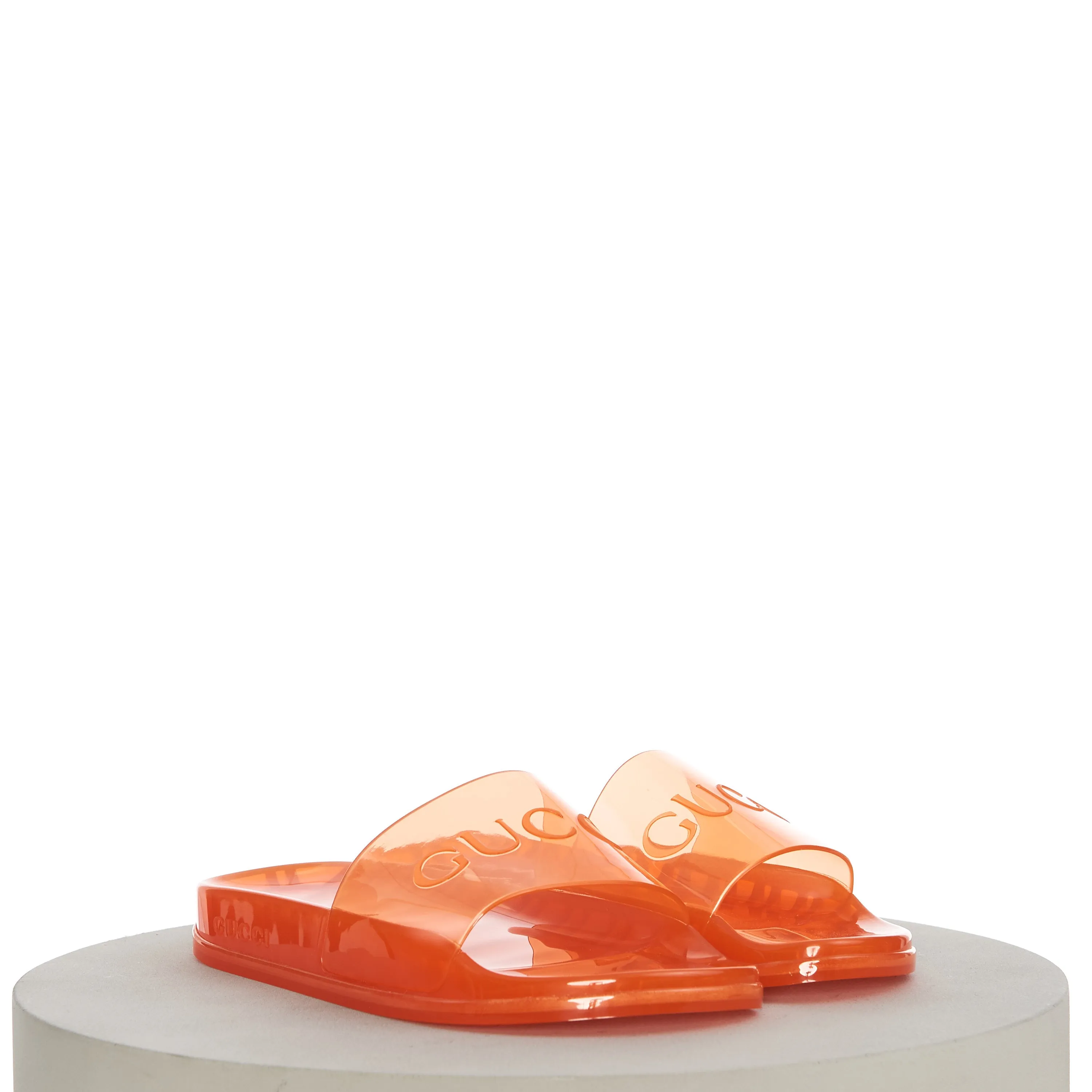 Sandals At Shoe Dept Men's Slide Sandals with Gucci Logo In Transparent Orange Rubber