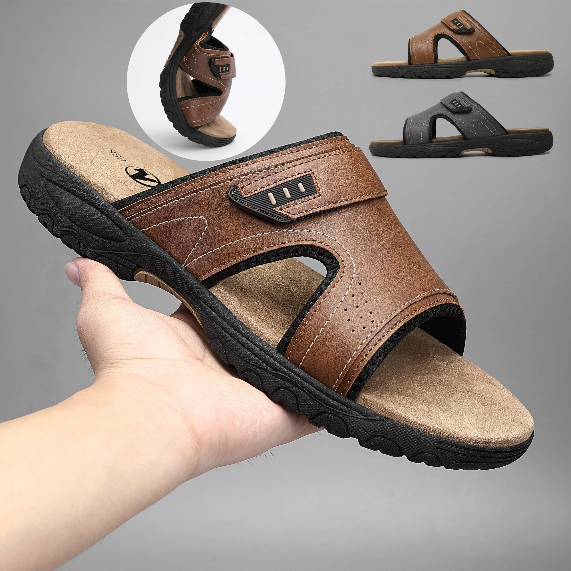 Best Leather Sandals Men's Trendy Comfortable Open Toe Slippers, Breathable Lightweight Non-slip Slippers For Indoor Outdoor Beach