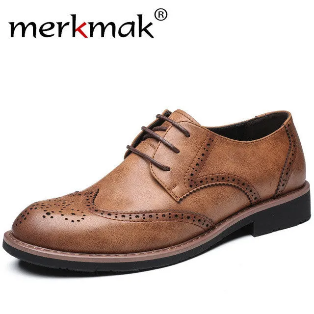 Resoleable Work Boots Merkmak New 2017 Men Dress Shoes Formal Wedding Genuine Leather Shoes Retro Brogue Business Office Men's Flats Oxfords For Men