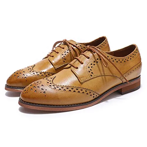 MIKCON Women's Genuine Leather Oxfords Brogue Wingtip Lace Up Dress Shoes Casual Formal Derby Saddle Shoes for Women Feelbarefoot Oxfords