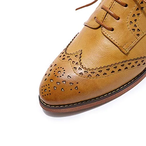 Chunky Heel Oxfords MIKCON Women's Genuine Leather Oxfords Brogue Wingtip Lace Up Dress Shoes Casual Formal Derby Saddle Shoes for Women