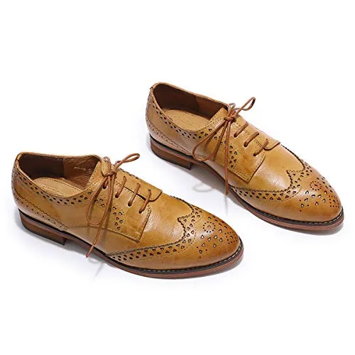 MIKCON Women's Genuine Leather Oxfords Brogue Wingtip Lace Up Dress Shoes Casual Formal Derby Saddle Shoes for Women Rogue Oxfords