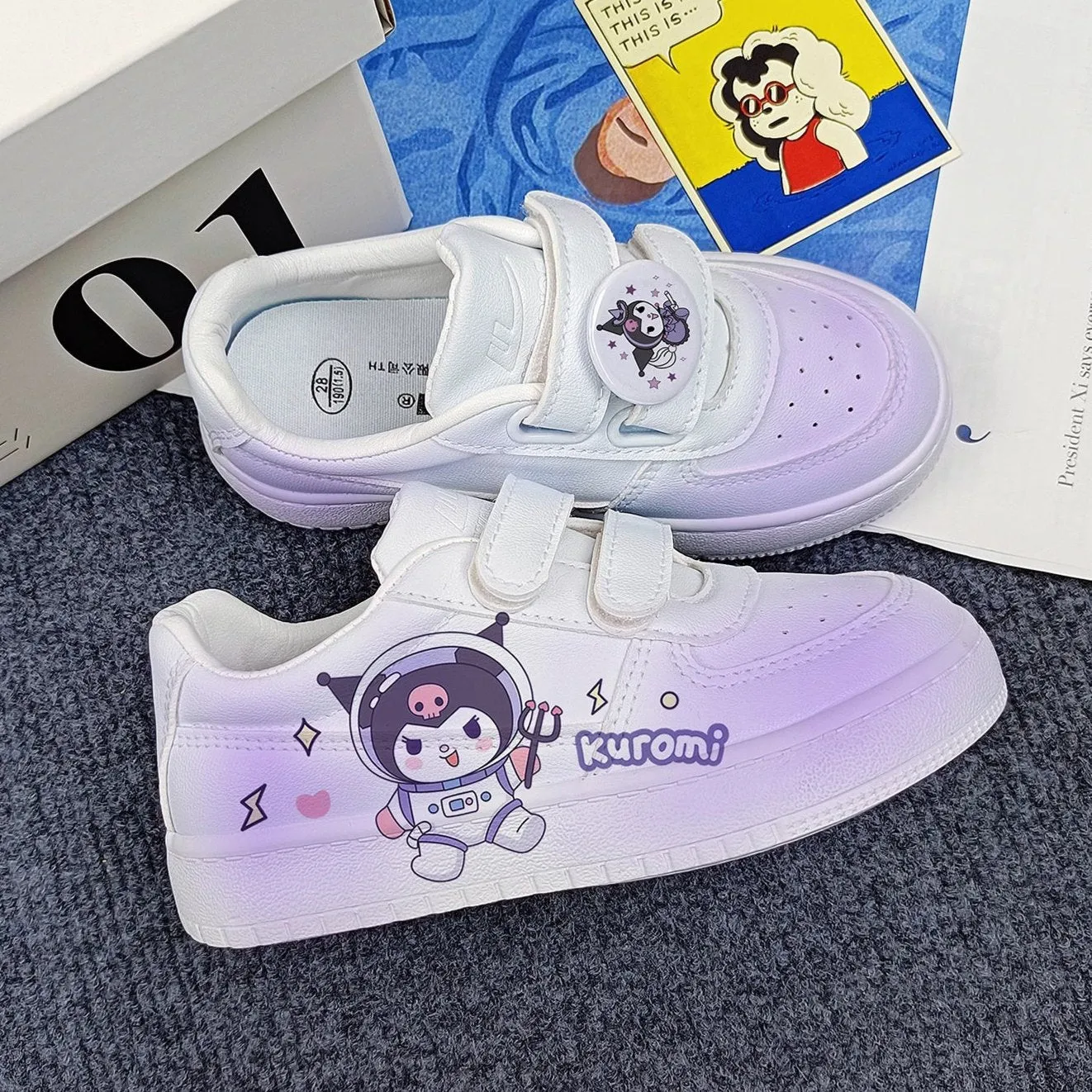 SPACE Cartoon Print Student Sneakers Kids Size with Velcro Fastener Good Sneakers For Zumba