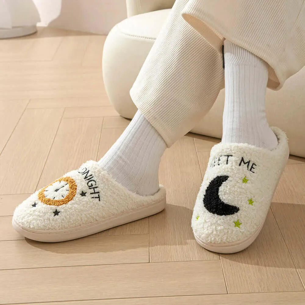 Recovery Slide Moon and Clock Print Slipper Winter Warm Home Shoes Cute Bedroom Slippers