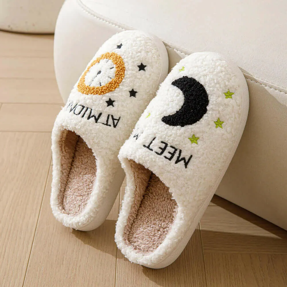 Moon and Clock Print Slipper Winter Warm Home Shoes Cute Bedroom Slippers Fun Slippers