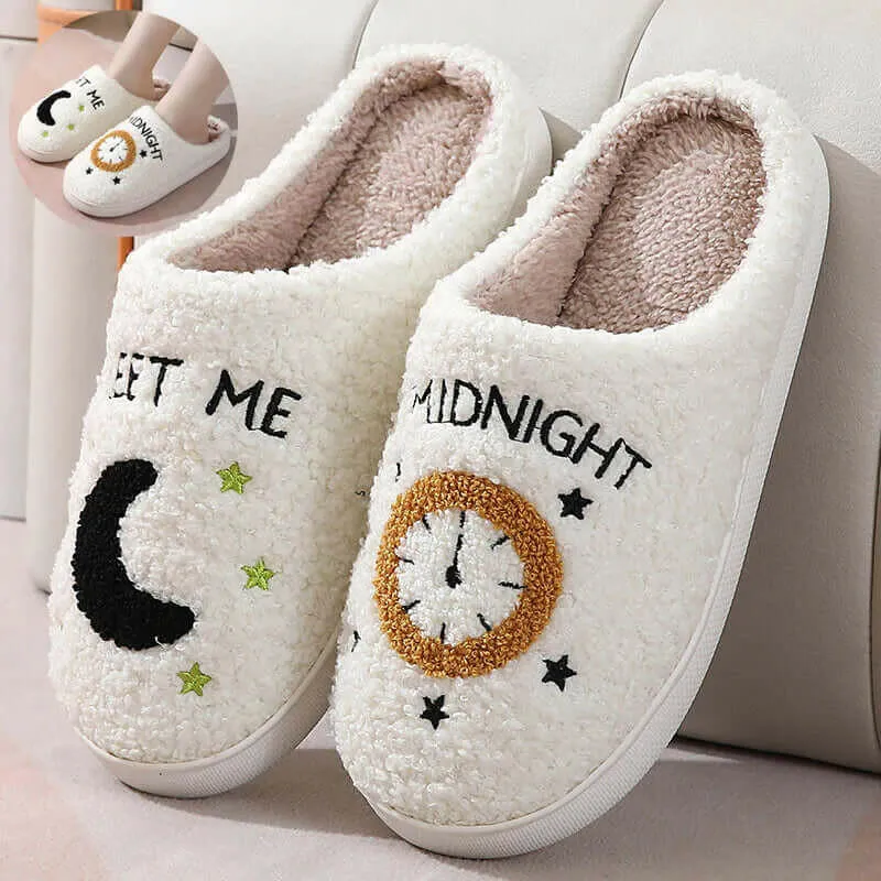 Dakota Slippers Moon and Clock Print Slipper Winter Warm Home Shoes Cute Bedroom Slippers