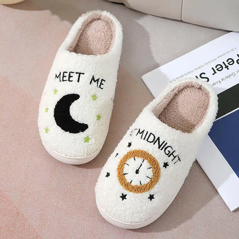 Easy Knitted Slippers Pattern Free Moon and Clock Print Slipper Winter Warm Home Shoes Cute Bedroom Slippers