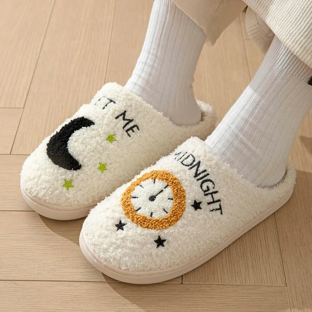 Hsn Slippers Moon and Clock Print Slipper Winter Warm Home Shoes Cute Bedroom Slippers
