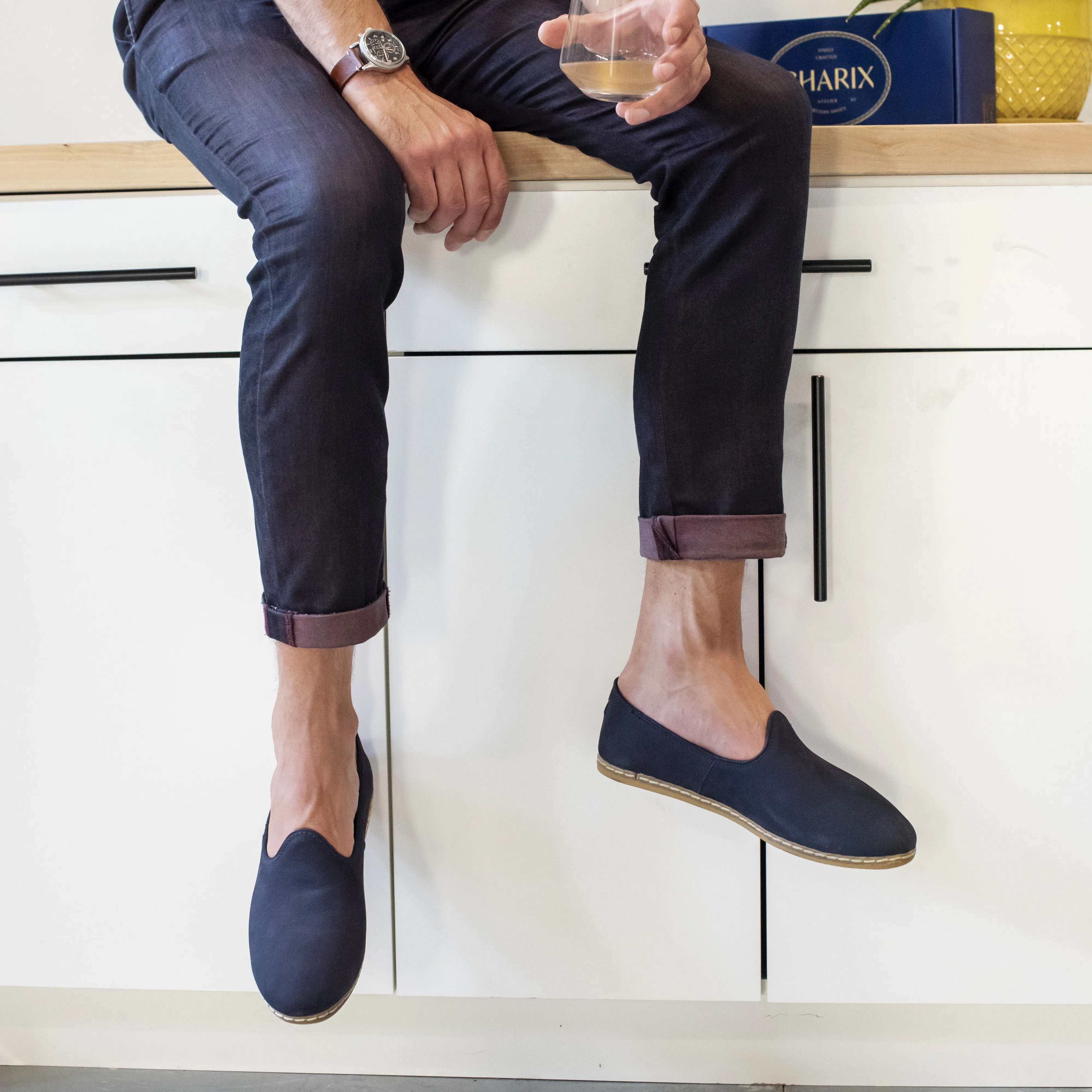 Slip On Shoe Ice Grips Navy Nubuck Slip Ons for Men