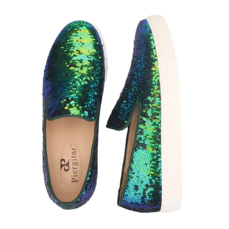 Tasseled Leather Loafers New Style Teal Sequins Handmade Loafers