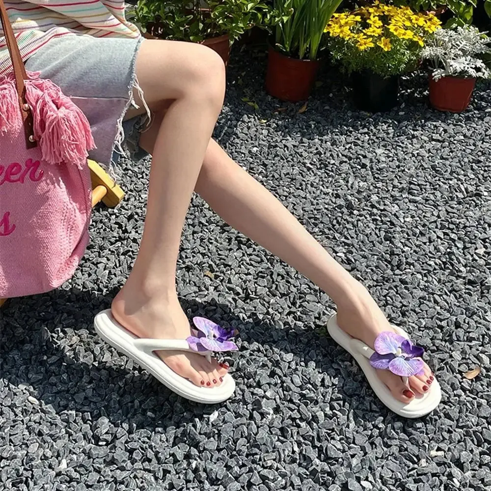 New! Summer Butterfly Orchid Flower Slippers For Women Soft Soled Sandals Student Girls Non-Slip Home Indoor Shoes Beach Shoes Terry Flip Flops