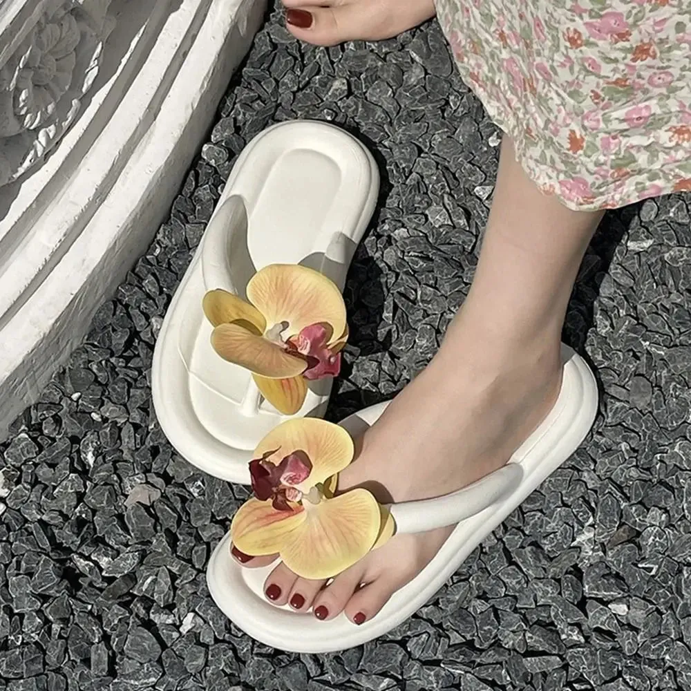 New! Summer Butterfly Orchid Flower Slippers For Women Soft Soled Sandals Student Girls Non-Slip Home Indoor Shoes Beach Shoes Extra Wide Flip Flops With Arch Support