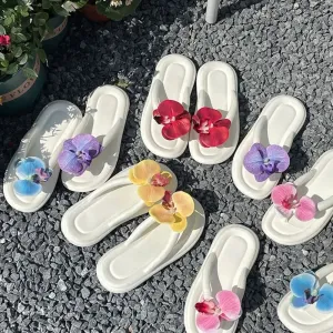 New! Summer Butterfly Orchid Flower Slippers For Women Soft Soled Sandals Student Girls Non-Slip Home Indoor Shoes Beach Shoes Honeymoon Flip Flops