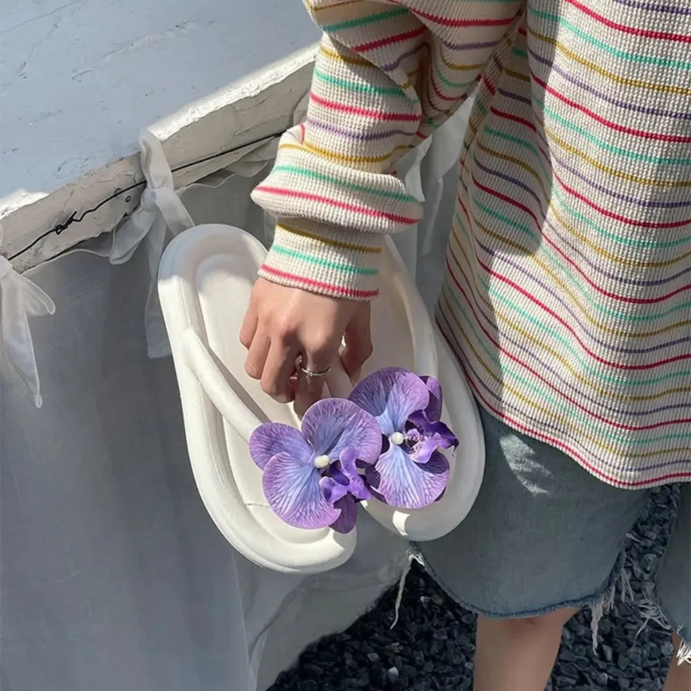 New! Summer Butterfly Orchid Flower Slippers For Women Soft Soled Sandals Student Girls Non-Slip Home Indoor Shoes Beach Shoes Flip Flops Decorated