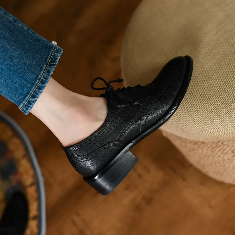 Oxford Tie Shoes for Women Genuine Leather Brogue Shoes in Brown/Black Evelyn Retro Oxfords