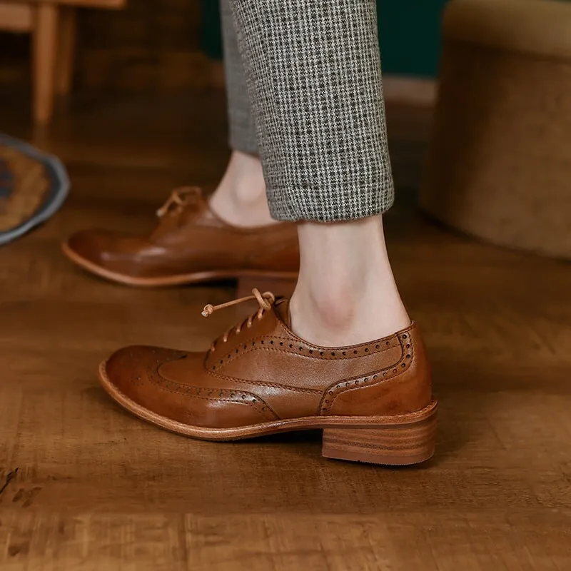 Button Up Oxford Shirt Oxford Tie Shoes for Women Genuine Leather Brogue Shoes in Brown/Black