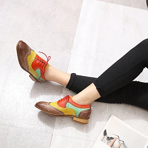 Mona flying Women's Leather Perforated Lace-up Brogue Wingtip Derby Saddle Oxfords Shoes for Women ladis Girls Allen Edmonds Strandmok Cap Toe Oxfords