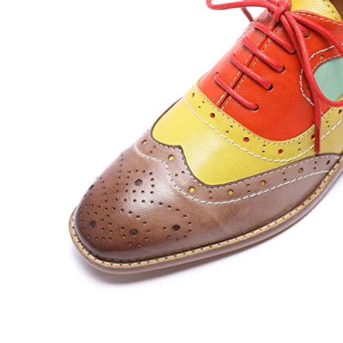 Mona flying Women's Leather Perforated Lace-up Brogue Wingtip Derby Saddle Oxfords Shoes for Women ladis Girls Saddle Oxford