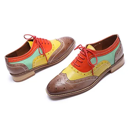 Mona flying Women's Leather Perforated Lace-up Brogue Wingtip Derby Saddle Oxfords Shoes for Women ladis Girls Handmade Shoe Oxford Casual