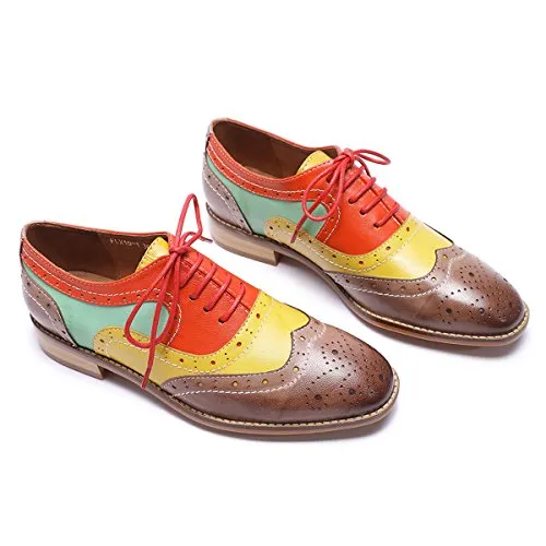 Mona flying Women's Leather Perforated Lace-up Brogue Wingtip Derby Saddle Oxfords Shoes for Women ladis Girls Church Oxford Shoes