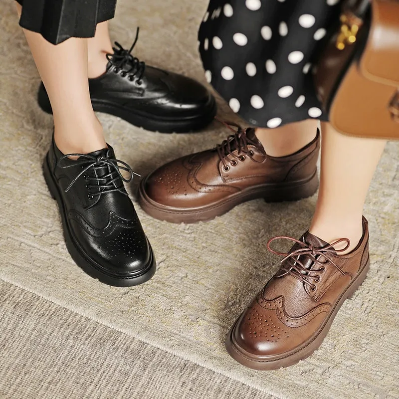 Oxfords With Ribbon Laces Wingtip Oxford Shoes Women's Genuine Leather Lace Up Full Brogues in Black/Brown