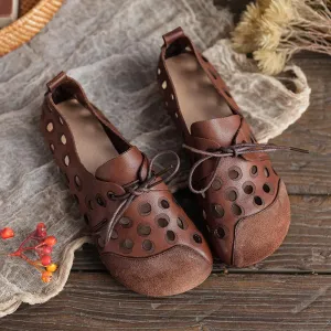 Casual Oxford Shoes Handmade Womens Soft Genuine Leather Sandals Lace Up Brown