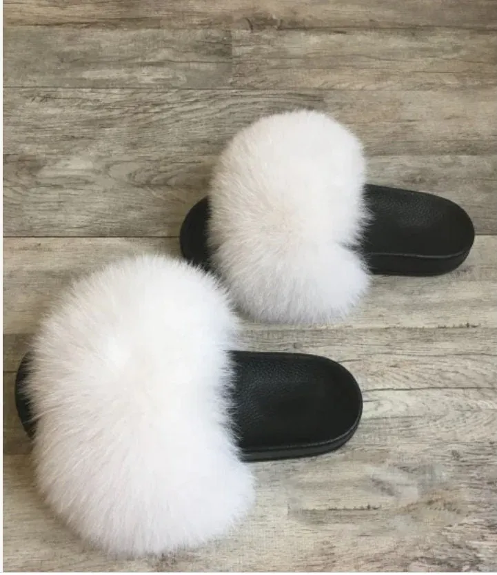 BY ORDER Off White Real Fox Fur Slides Women Girl Leather Beach Large Finnish Fox Fur Sandals Summer Slippers Fashion Fluffy Shoes Flip Flop Noisy Flip Flops