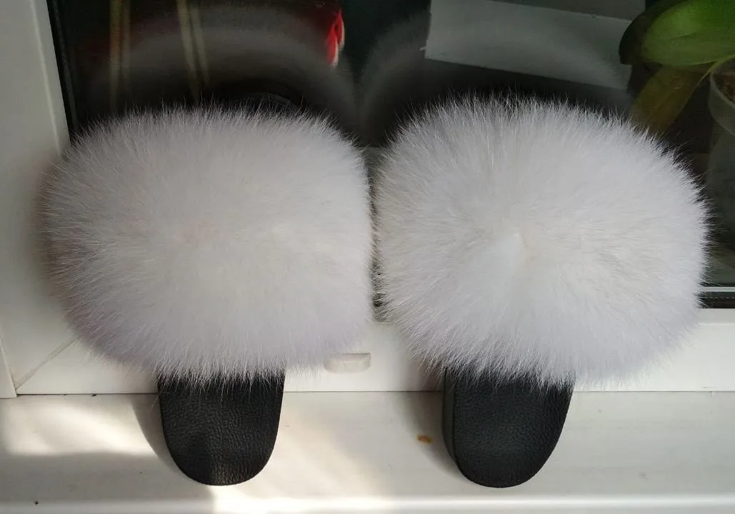 BY ORDER Off White Real Fox Fur Slides Women Girl Leather Beach Large Finnish Fox Fur Sandals Summer Slippers Fashion Fluffy Shoes Flip Flop Ou Flip Flops