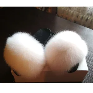 BY ORDER Off White Real Fox Fur Slides Women Girl Leather Beach Large Finnish Fox Fur Sandals Summer Slippers Fashion Fluffy Shoes Flip Flop Clear Flip Flops