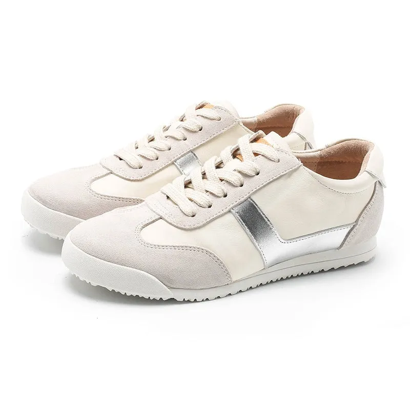 White Shoes for Women Army Trainer Leather Sneakers - Beige/Pink Platform Oxford