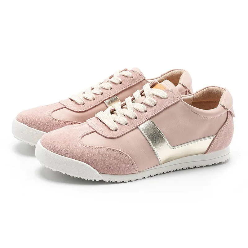 White Shoes for Women Army Trainer Leather Sneakers - Beige/Pink Oxford Is Not Brogue