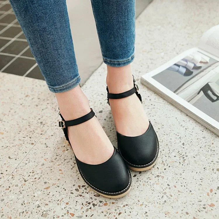 Women's Round Toe Hollow Out Lace Ankle Strap Block Heel Sandals Covered Sandals