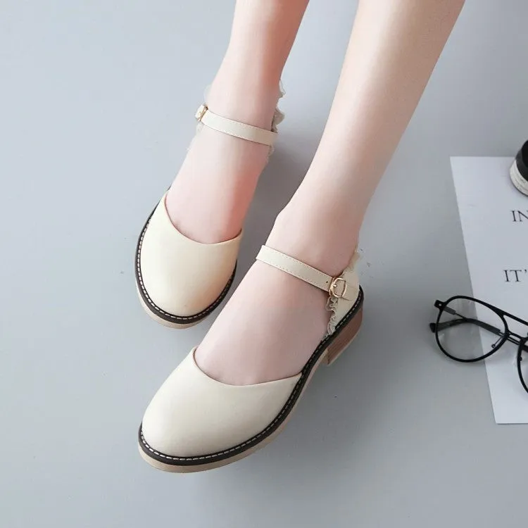 Women's Round Toe Hollow Out Lace Ankle Strap Block Heel Sandals Gladiator Flat Sandals