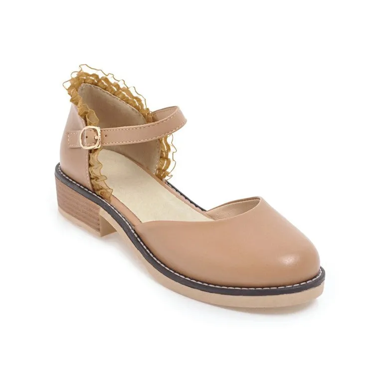 Women's Round Toe Hollow Out Lace Ankle Strap Block Heel Sandals White Beach Sandals