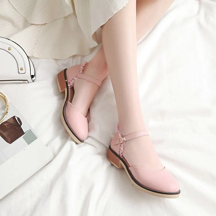 Women's Round Toe Hollow Out Lace Ankle Strap Block Heel Sandals Roman Sandals