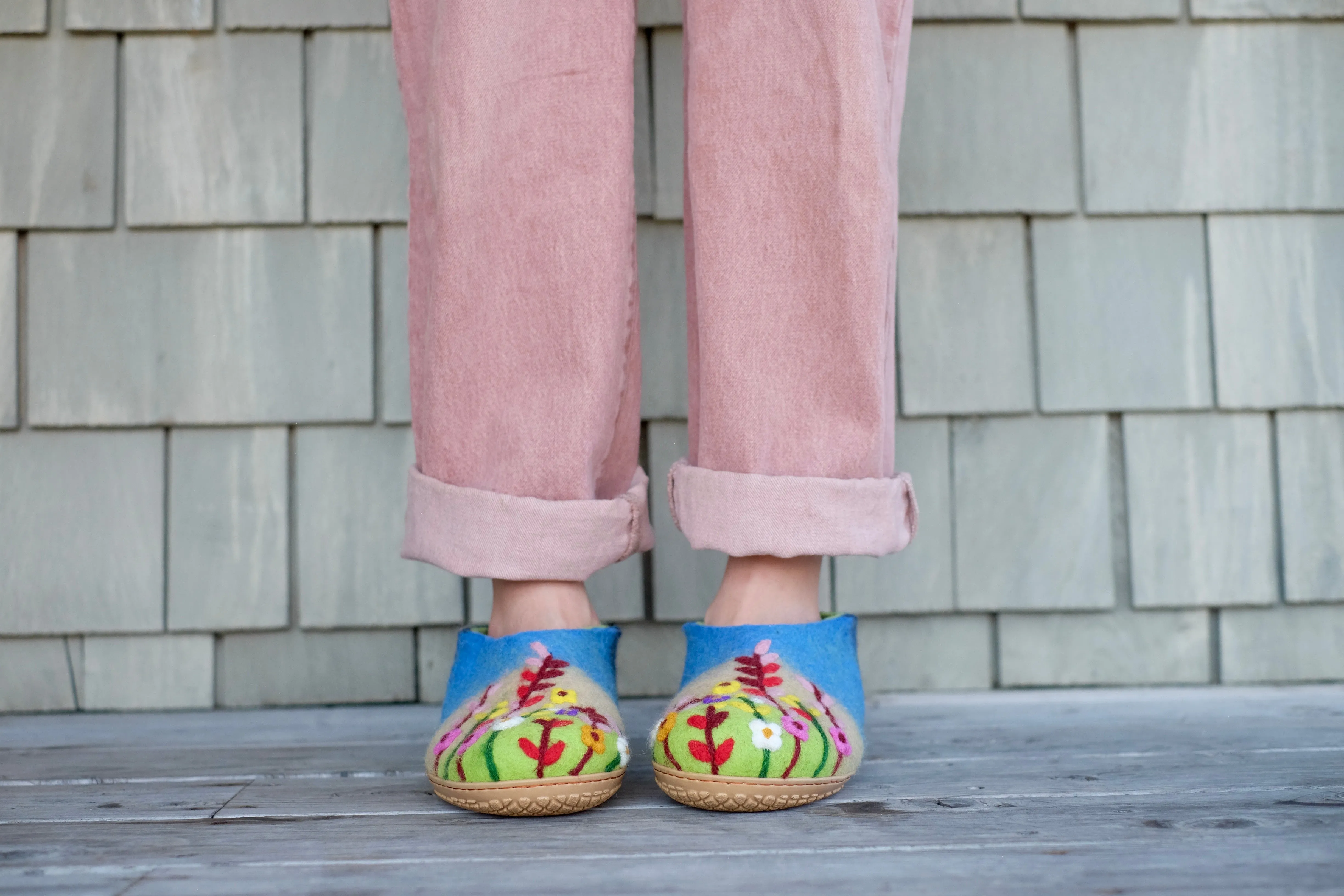 Flower Garden Organic Merino Wool Slippers | Eco-Friendly Floral Design, Rubber or Leather Sole, Cozy Comfort Luxury Women Gift, Wildflowers Toast Slippers