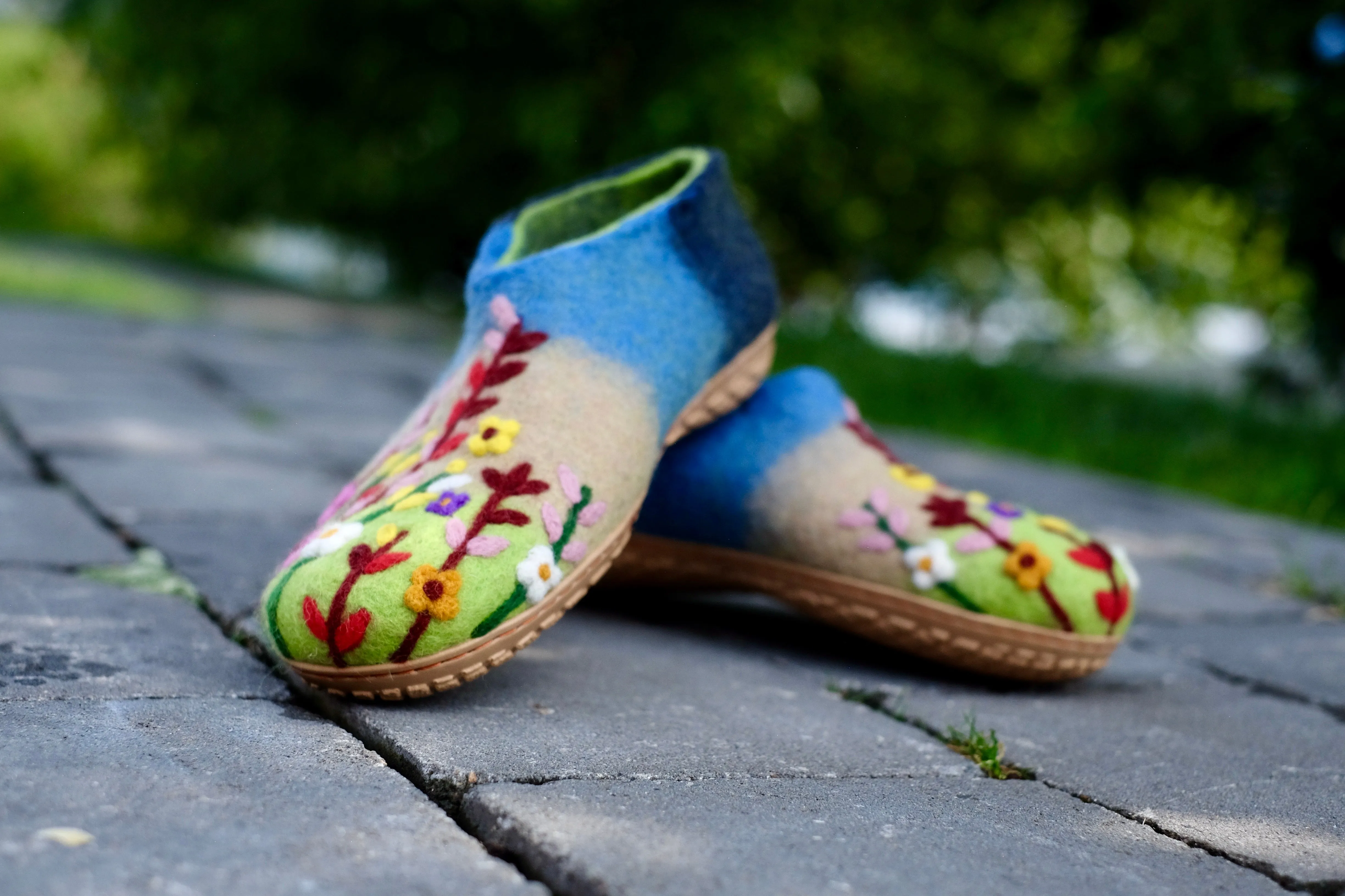 Flower Garden Organic Merino Wool Slippers | Eco-Friendly Floral Design, Rubber or Leather Sole, Cozy Comfort Luxury Women Gift, Wildflowers Slippers Size 8