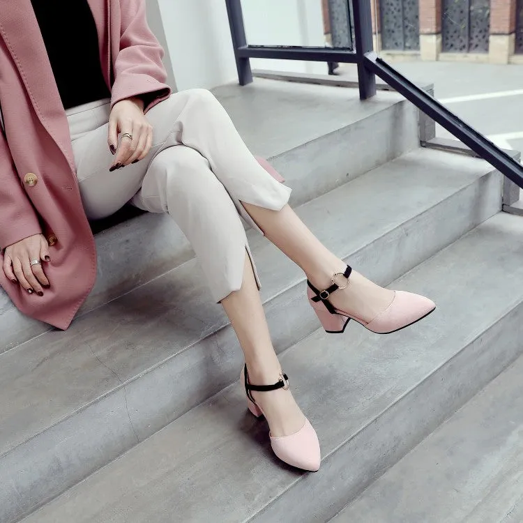 Sandals Service Women's Solid Color Buckle Hollow Out Ankle Strap Block Heel Sandals