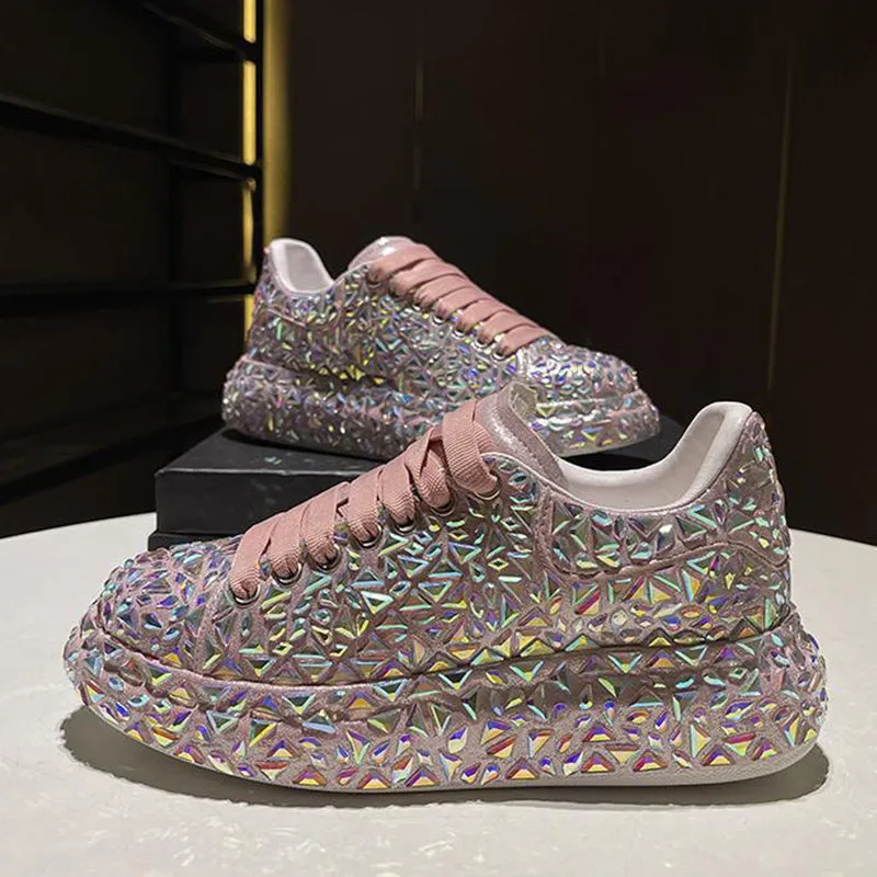 Glitter rhinestone lace-up sneakers for wedding & party White Leather Sneakers