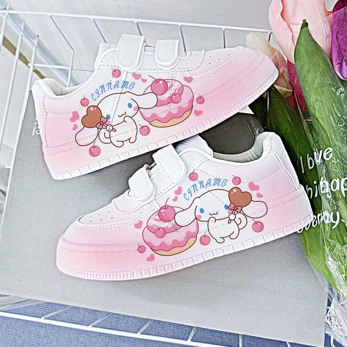 Sneakers Uk Pink Kawaii Dog Student Sneakers Kids Size with Velcro Fastener