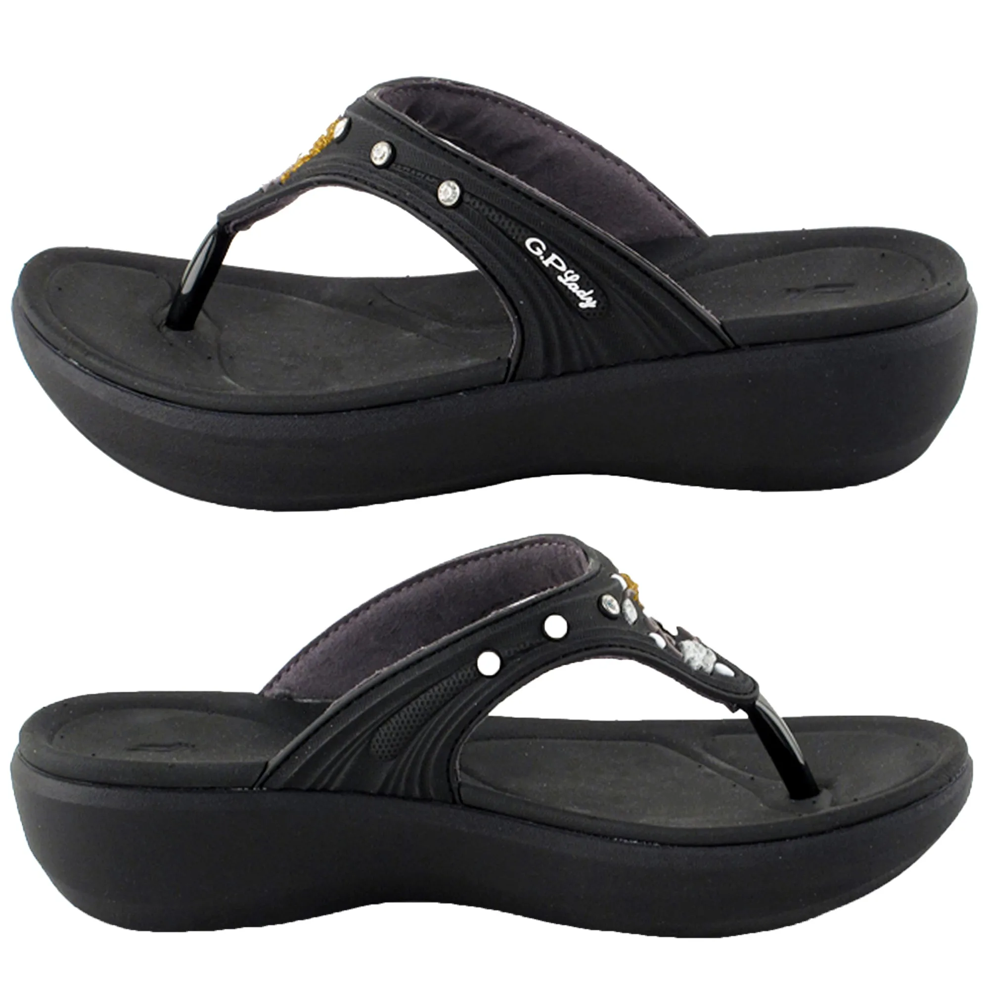 Platfoam: 7530 Black Cracked Heels Wearing Flip Flops