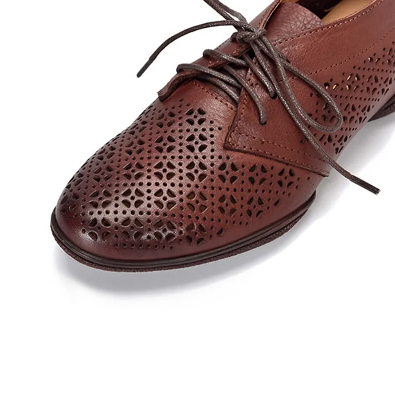 Perforated Design Genuine Leather Lace Up Oxfords for Women Soft Flats Coffee/Apricot Magnanni Oxfords