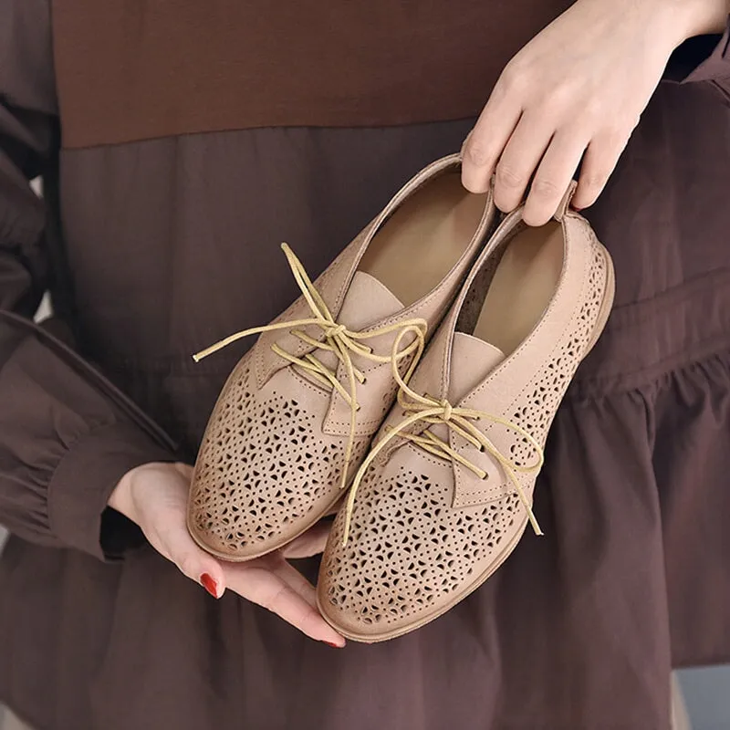 Oxford Flats Perforated Design Genuine Leather Lace Up Oxfords for Women Soft Flats Coffee/Apricot