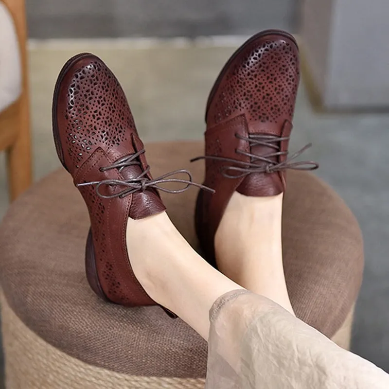 Grand Wing Oxfords Perforated Design Genuine Leather Lace Up Oxfords for Women Soft Flats Coffee/Apricot