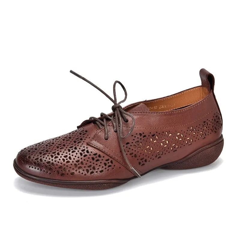 Perforated Design Genuine Leather Lace Up Oxfords for Women Soft Flats Coffee/Apricot Oxfords English Speaking Classes