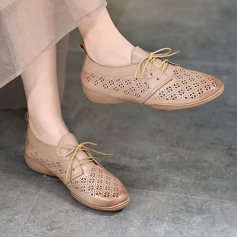 Oxford Wedge Heels Perforated Design Genuine Leather Lace Up Oxfords for Women Soft Flats Coffee/Apricot